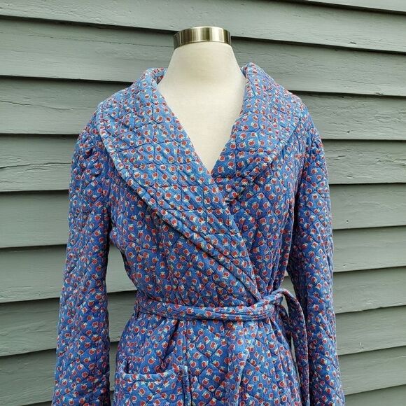 Vintage 70s Handmade Blue Red Apple Quilted Belted Housecoat Robe Trench Coat - Picture 2 of 6